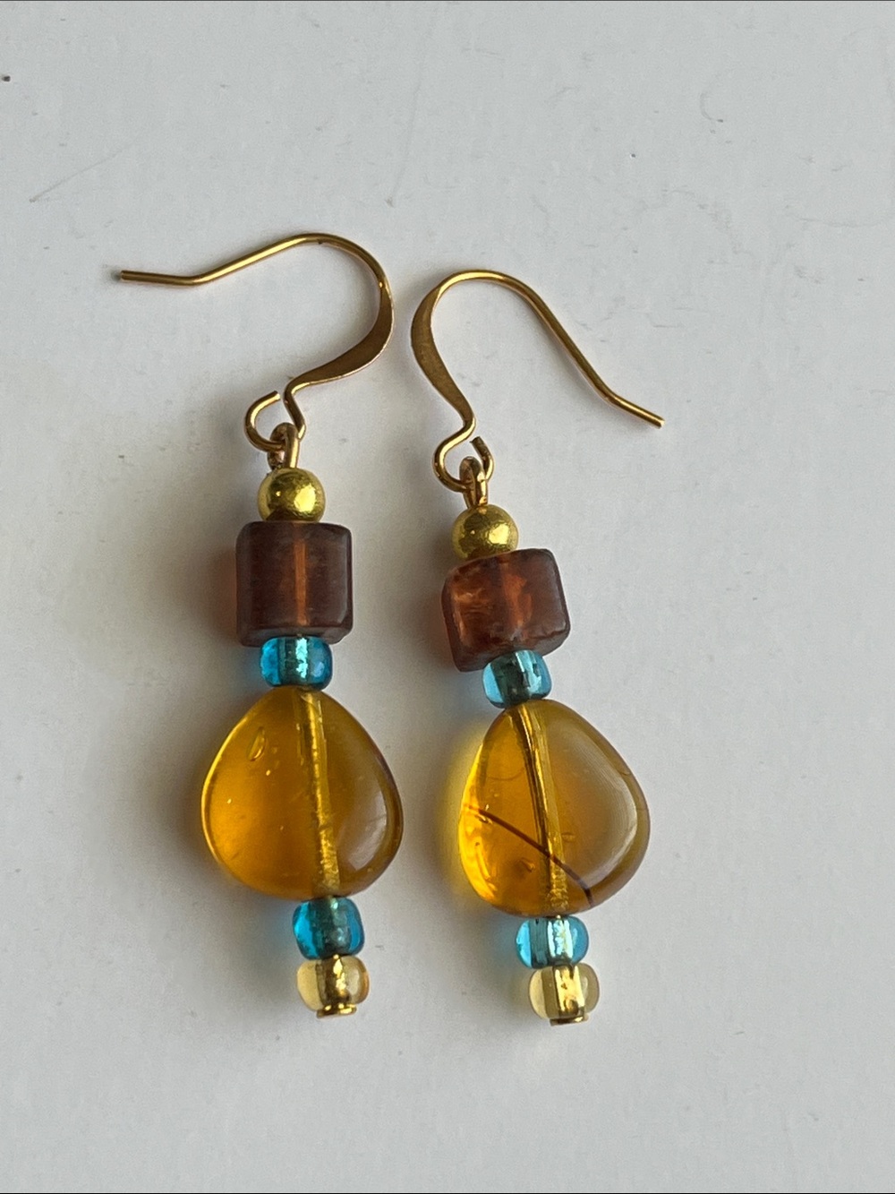 Amber Color Teardrop & Teal Accent Gold Hook Earrings